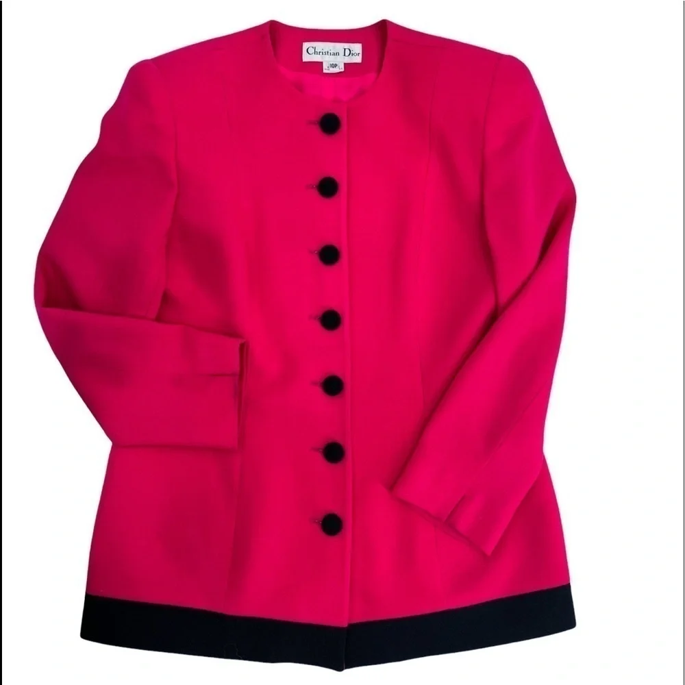 CHRISTIAN DIOR Vintage Button Down Blazer Fuschia & Black Trim Size 10P